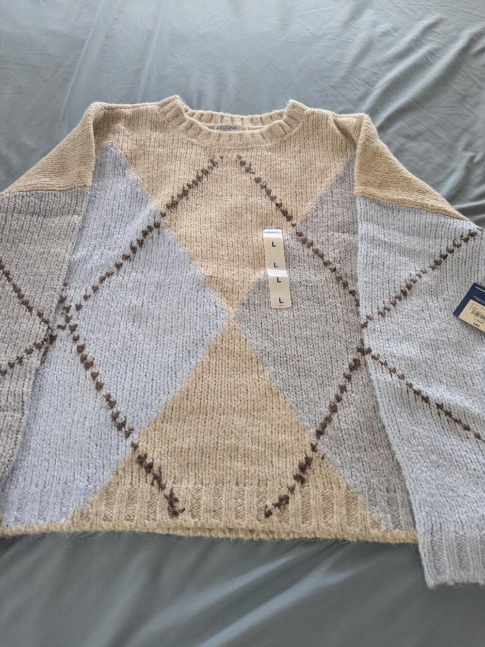 Arizona Crew Neck Long Sleeve Argyle Pullover Sweater New With Tags